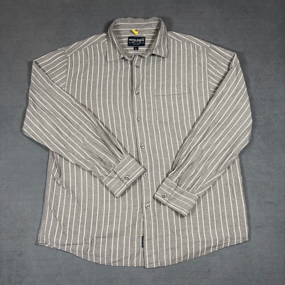 Nautica Jeans Co Button Up Shirt Mens Large‎ Gray Striped Long Sleeve